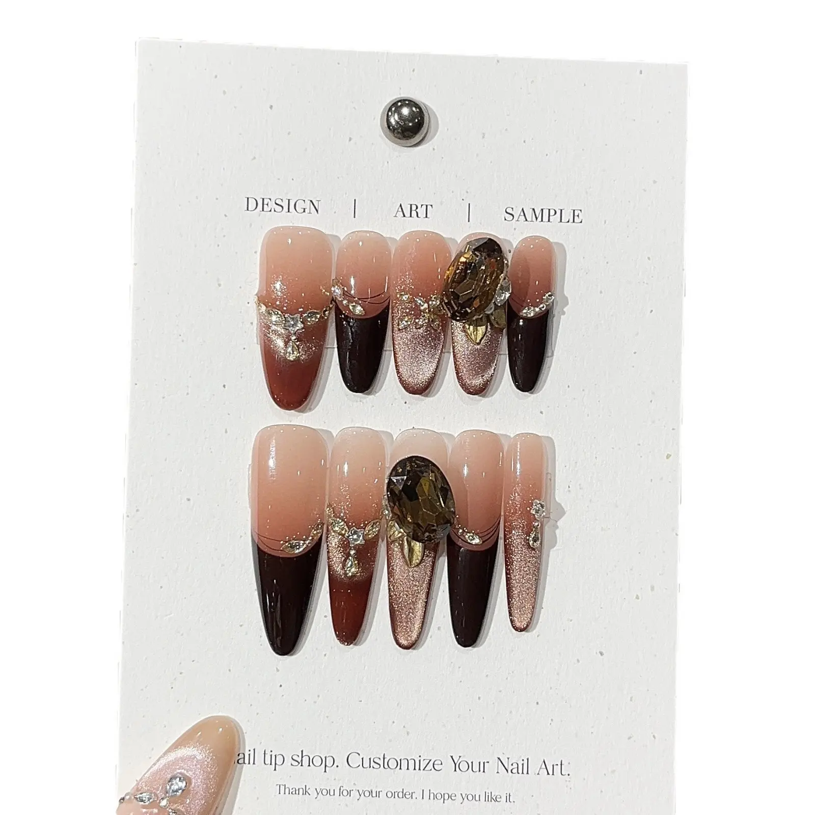 Reusable Acrylic Press-On False Nail Set with Brown-Gold Gradient Halo Effect, Champagne K9 Cubic Zirconia Chains, Intricate Carved Detailing and Nail Patch
