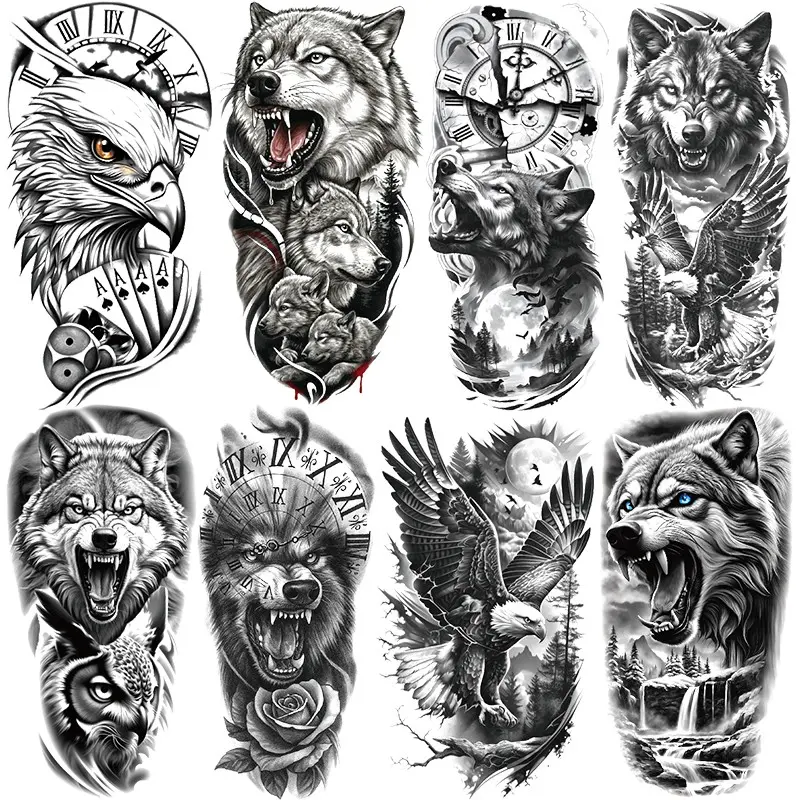 8 Tribal Wolf Eagle Temporary Tattoos, Sticker Tattoos, Temporary Fake Tattoos, Waterproof Realistic Design, Suitable for Legs Arms Neck, Men Women Adult Daily Party Body Decor