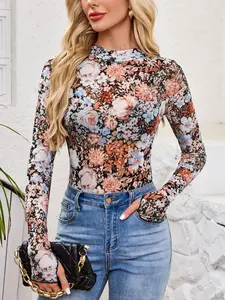 Women's Sexy Slim-Fit Long Sleeve Sheer Lace Floral Top, Transparent Mesh Fabric, Fashionable Spring Summer, All-Season Wear