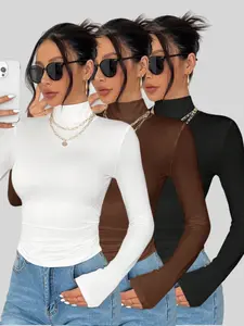 Women's Autumn & Winter Warm Base Layer High-Neck Long Sleeve T-Shirt, Three-Piece Set for Daily Wear, Comfortable Fit Design