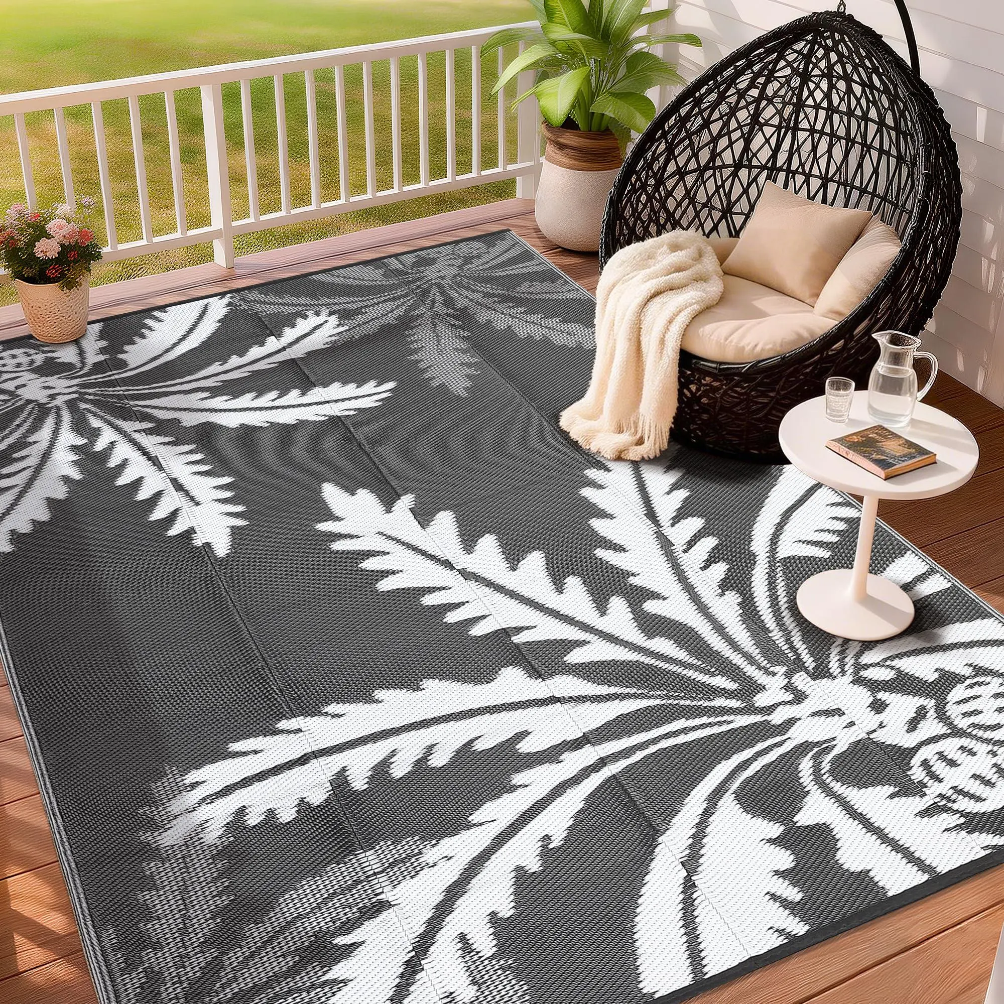 Waterproof Reversible Modern Area Rug - Nature-Inspired Recyclable Straw Plastic Weave Mat with Coconut Leaf Design, for Patio/Deck, Camping, RV Use, Grey&White, Reversible Surface