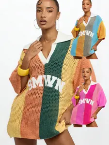 Summer Dopamine Vintage Hollow Out Knit Sweater, Breathable Casual Short Sleeve T-Shirt, Sporty Colorblock Half Sleeve Jersey, Sleeve Knit Top, Knitwear Tops, Womenswear