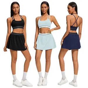 Women Double Parallel Strap Sports Bra, Contrast Waistband Flowy Tennis Skirt 2 Piece Athletic Workout Set