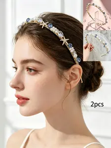 2pcs Pearl Shell Headbands, Starfish Hair Bands, Elegant French Vintage Style, High-End Hair Accessories, All Seasons