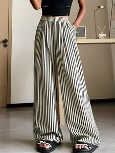 Women's Elastic Waist Casual Fashion Striped Wide Leg Straight Pants, Comfortable and Stylish, Perfect for Daily Wear, Casual Minimalist Trousers