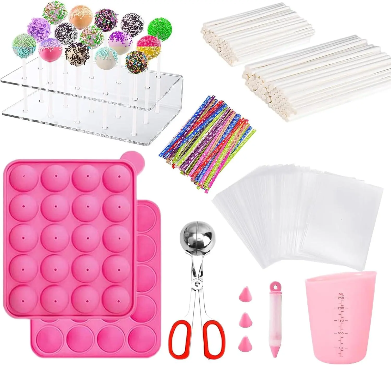 606Pcs Cake Pop Kit,Silicone Lollipop Molds Including Lollipop Sticks,Measuring Cup,Treat Bags,Twist Ties,Decorating Pen,Meat Baller with Handles,Round Mold,Lollipop, Candy,Display Stand Holder(Pink) YIICUZP Colorful Kids