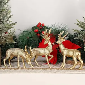 3 Pieces/Set Home Christmas Tabletop Decorations Resin Golden Reindeer Figurines with Three Postures, Xmas Holiday Winter Centerpieces Ornaments for Fireplace Mantel Shelf Home Decor