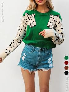 women's leopard print drop shoulder sweater, casual long sleeve round neck jumper for fall & winter, fashion ladies' knitwear for daily wear for christmas