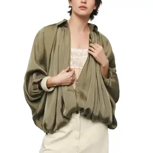 Womens Puffed Bomber Jacket Casual Batwing Sleeve Lapel Collar Zip Shirts Oversized Pleated Streetwear JacketsTikTokShopBlackFriday Chic Coats Everyday Lightweight   Womenswear