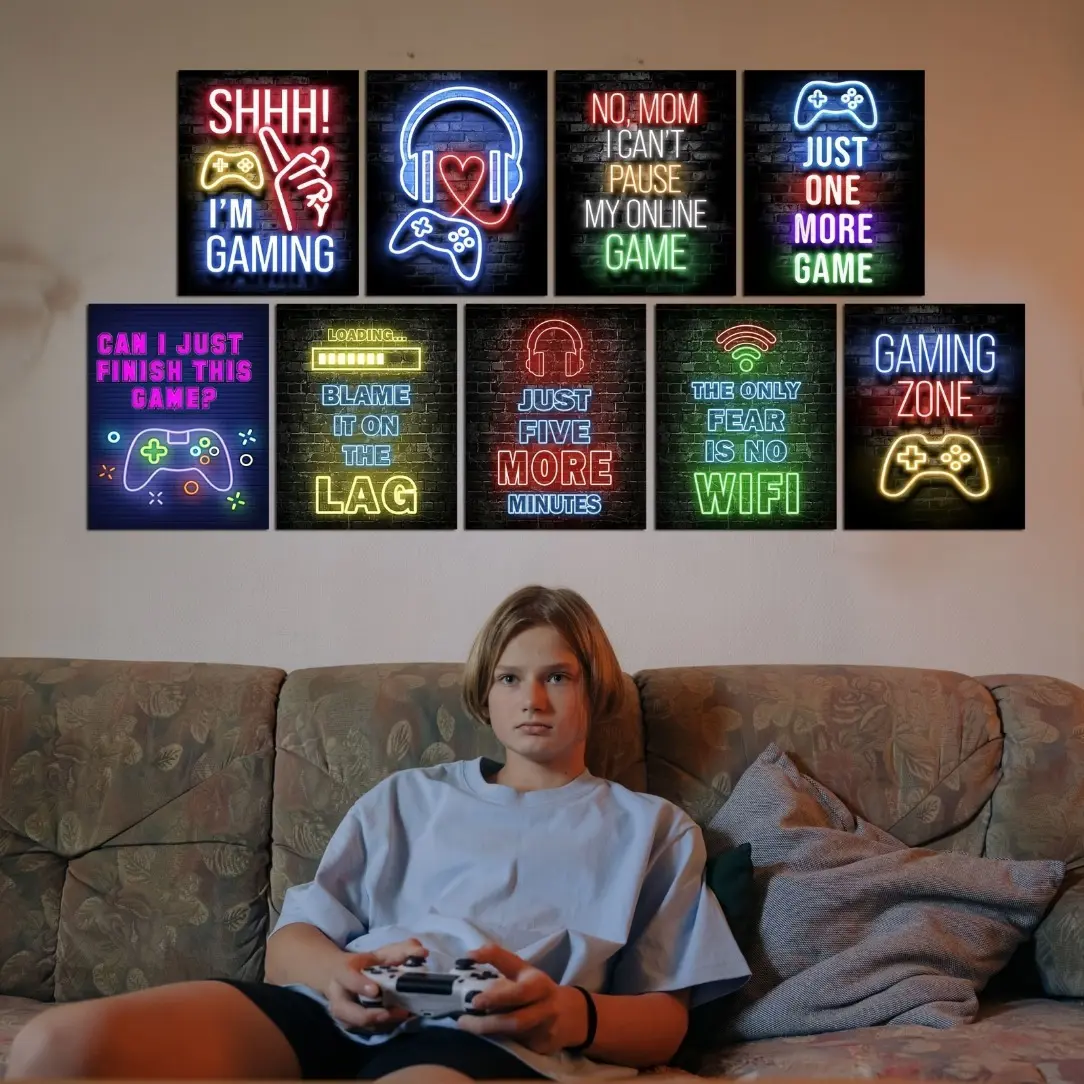 9pcs, 8 X 10 INCH Neon Gamer Quotes Posters Prints, Gaming Room Decor Wall Art, Neon Gaming Decor For Living Room, Bedroom, Office, Bar Game Room Decor, No Frame, Unframed Wall Art, Modern Home Decor, Wall Art Decoration, Living Room Decorations