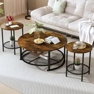 Living Room Coffee and End Table Sets, Wooden Modern Rustic Center Table with Two Side Tables, 3 Piece Living Room Coffee Table Set with Storage for Living Room, Apartment