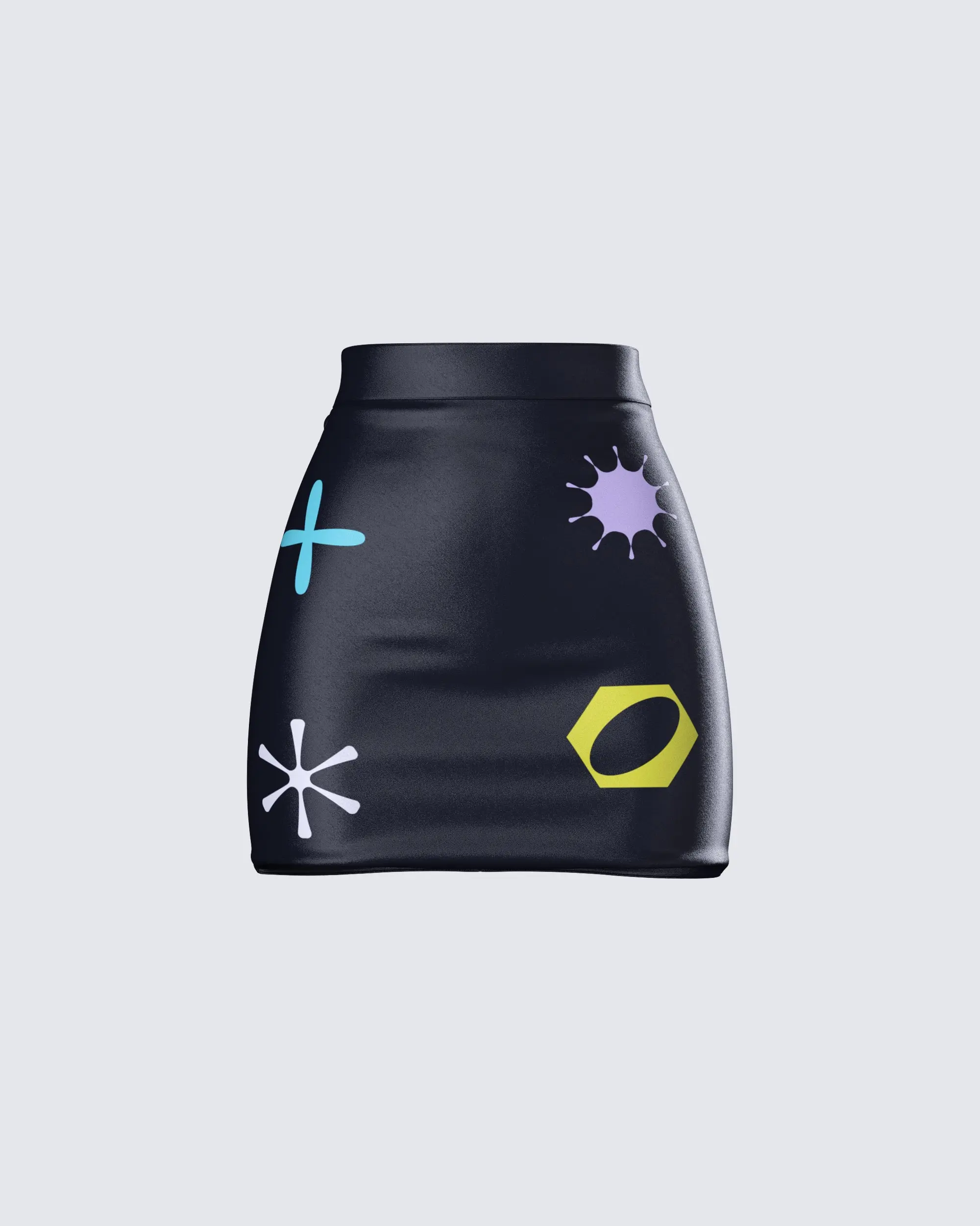 Women's High-Waisted Skin-Tight Fit Bodycon Mini Skirt - Black Vegan PU Leather, Neon Geometric Graphics Printed, Polyester, Colorful, Casual Wear, XS, 2X, Blue, White, Tagged-Skirt Vibe