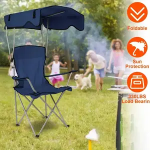 Camping Chair with Canopy, Outdoor Folding Lounge Chair,  with Storage Pockets, Cup Holder, Supporting 350 Pounds, Suitable for Camping, Beach, Picnic, Fishing