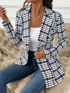 A fashionable blue and white herringbone long sleeved lapel blazer for women, with a classic herringbone pattern that looks slim and suitable for commuting to work, shopping, and outdoor activities, both indoors and outdoors