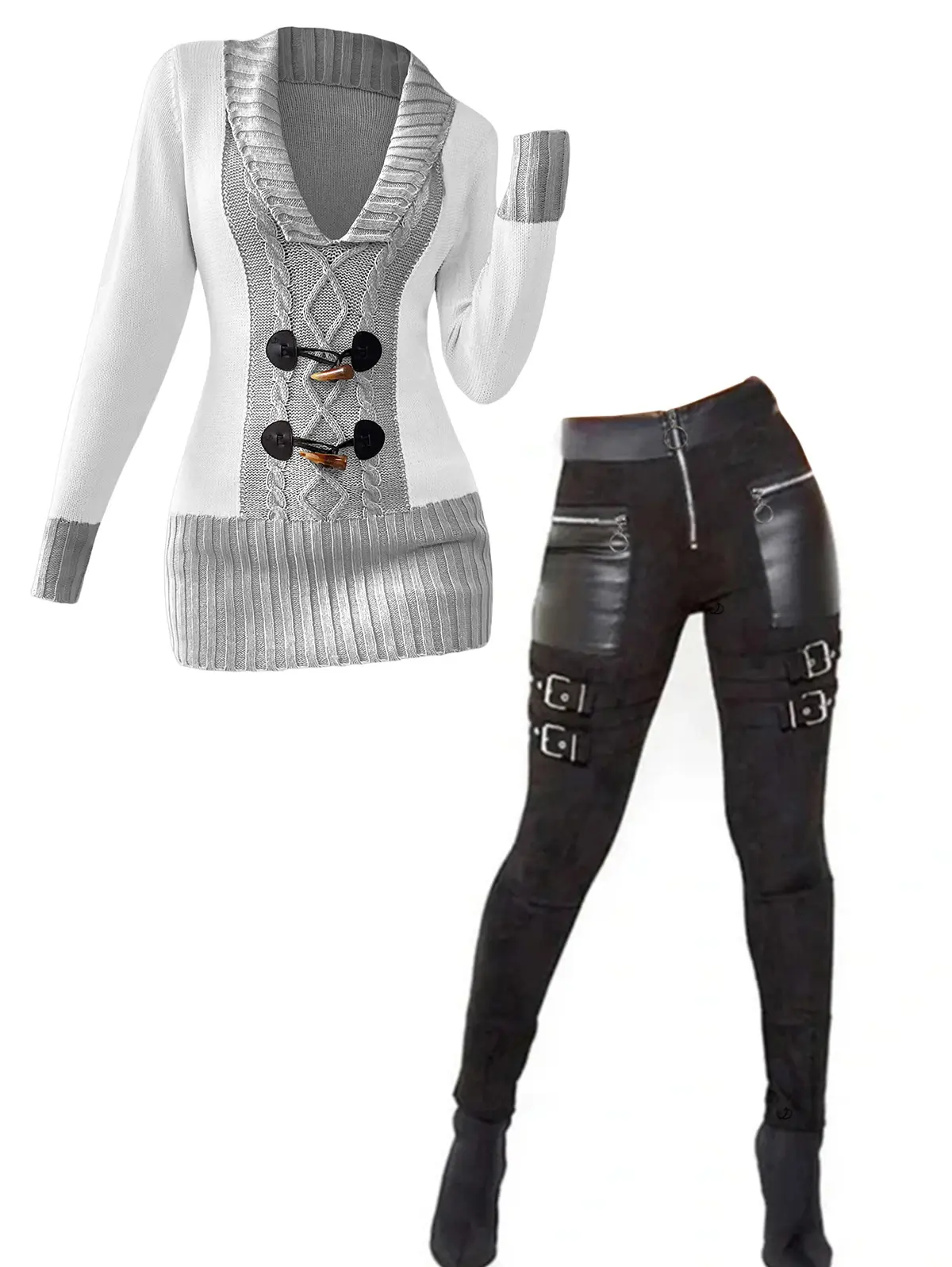 DRESSLILY Women's Matching Set Contrast Color Mock Horn Button Plunge Neck Casual Sweater and Gothic Leggings Solid Color O Ring Zipper Buckle Strap Skinny Pants Outfits