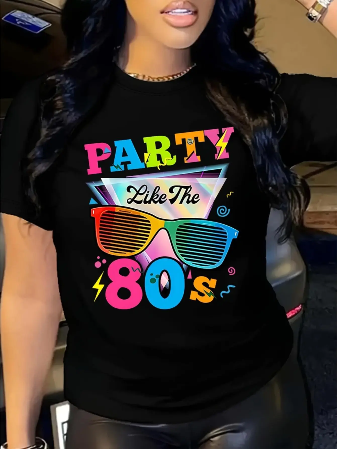 Women's Retro 80s T-Shirt, Vintage Flash & Rainbow Sunglasses Graphic Tee in Thick 100% Cotton, Casual Birthday Party Top, Denim, Costume, Party Wear, Geometric, Colorful, Girls, Lightweight