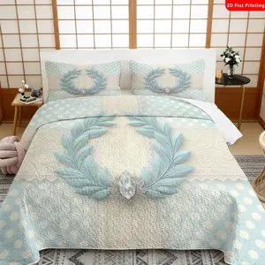 3 pcs, 2D flat print elegant laurel wreath bed cover set with diamond accent, multiple sizes available, bedding set, festive decorative bedding, ideal for bedroom decor(1 bedspread , 2 pillowcase)