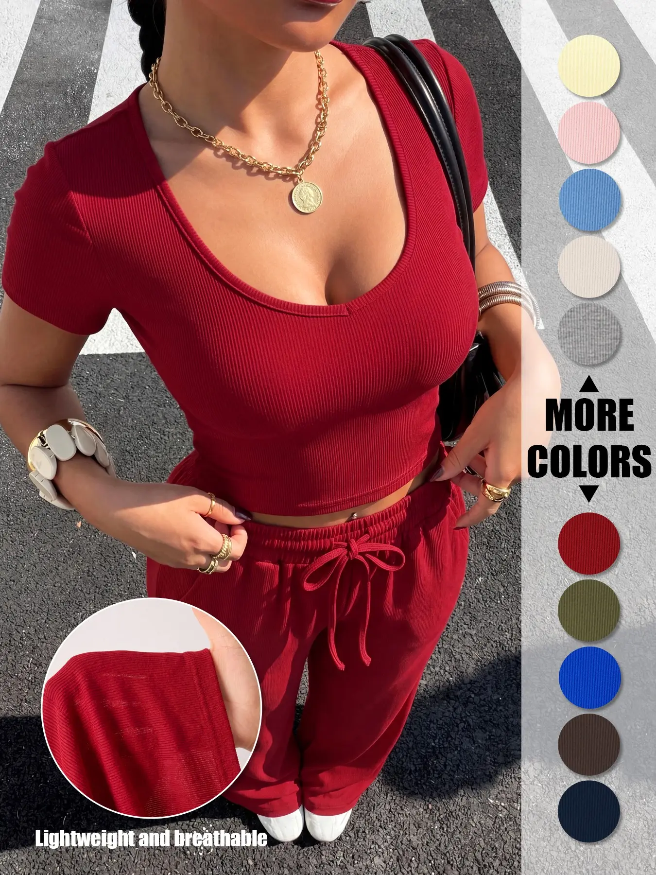 Women's Ribbed Lounge Set Sporty Breathable Athleisure Outfits Activewear Set Sports Suit V Neck Slim Fit Crop Top and Wide Leg Pants with Drawstring Elastic Waist for Yoga Gym Daily Wear