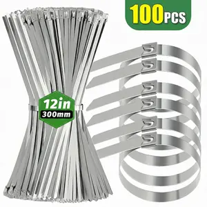Metal Zip Ties 12 inch 50pcs 304 Stainless Steel Locking Cable 250LB 300mm Heavy Duty Exhaust Wrap Multi Purpose Binding for machinery, vehicles, farms, cables, pipes,Fence