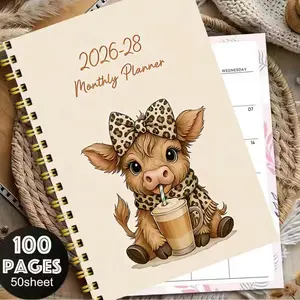 Elegant Floral Cow and Highland Cattle Pattern Spiral Notebook Journal, Office Stationery Supplies, Notepad, Monthly/weekly Planner Layout, Perfect for Organizing Daily Tasks, Travel Diary Notebook, Personalized Gift