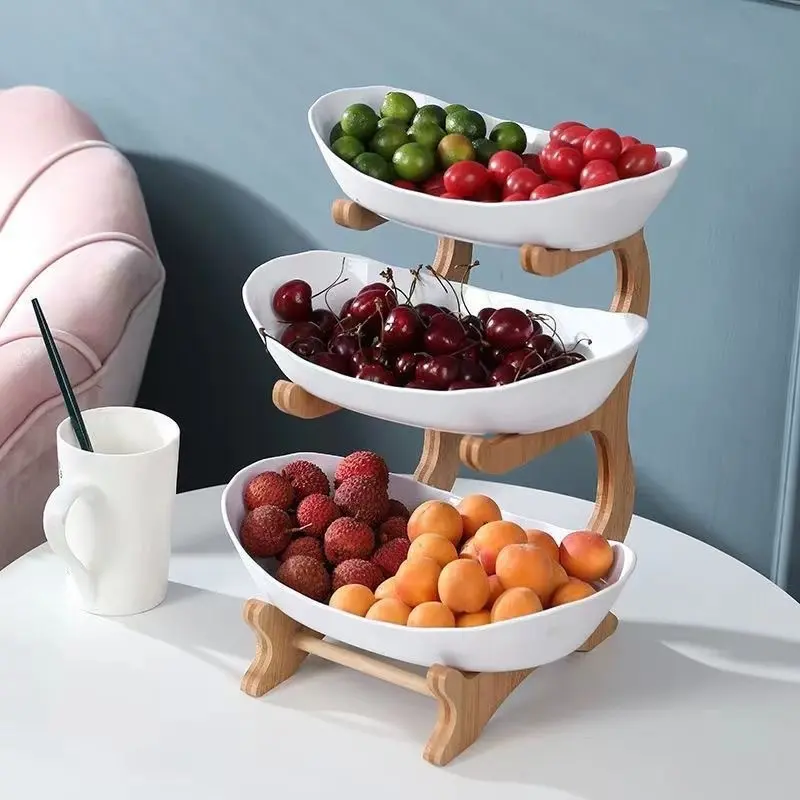 Three-Layer Large Capacity Wooden Fruit Basket, European Multi-Tier Snack Tray with Bamboo/detachable Shelves, Display Risers Stand, Dessert Display Stand, Durable Kitchen Table Candy Dish