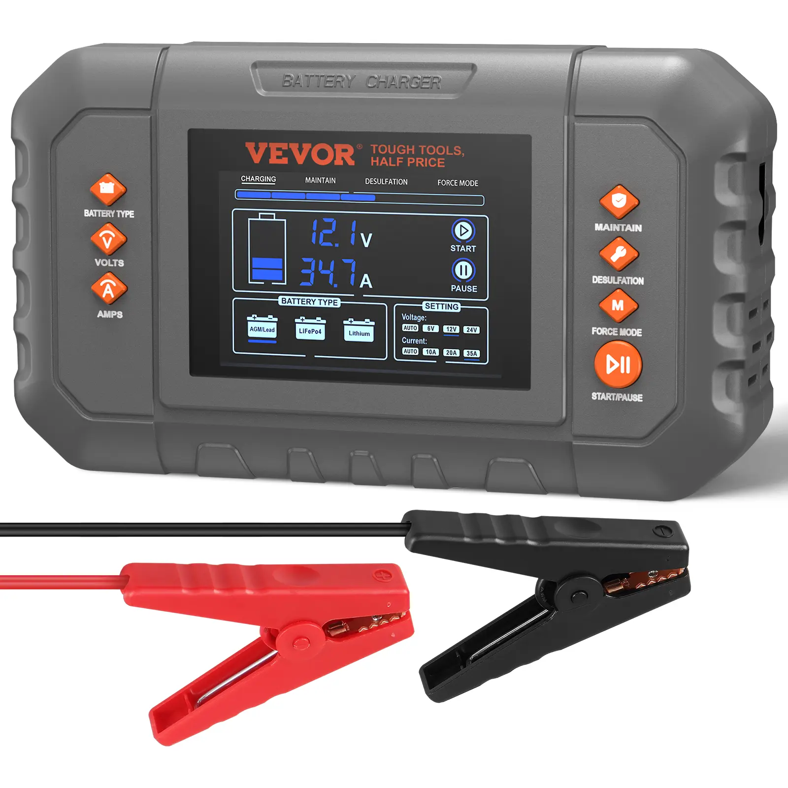 【summerfinds】VEVOR Smart Battery Charger, 35-Amp, Lithium LiFePO4 Lead-Acid (AGM / Gel / SLA) Car Battery Charger with LCD Display, Trickle Charger Maintainer Desulfator for Boat Motorcycle Lawn Mower Deep Cycle
