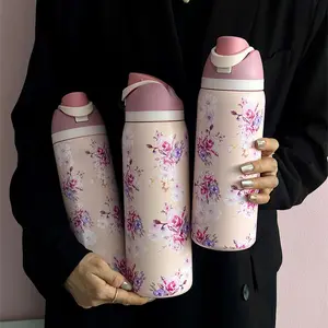 Floral Pattern Vacuum Flask, 1 Count Portable Water Bottle with Straw, Drinking Cup for Home Office School Outdoor Camping, Tumbler with Lid, Drinkware