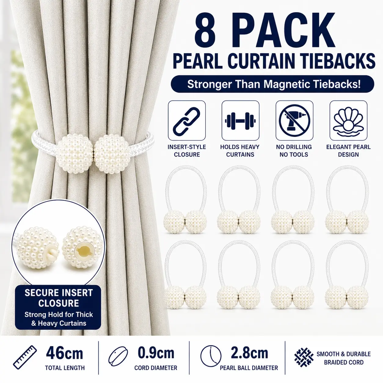 8-Pack White Pearl Curtain Tiebacks with Curtain Closure, No-Drill Window Drapery Holdbacks for Heavy Drapes, Strong Insert Fastener, Easy to Use