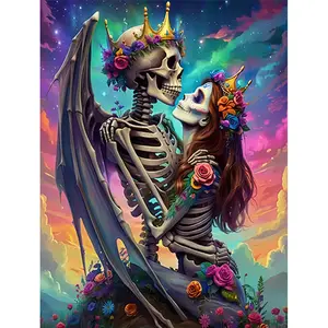 1PCS 16x20in Unframed Skeleton Prince and Princess Acrylic Paint by Numbers, DIY Decorative Painting. Hand-colored bone texture, costume details, dark atmosphere. Niche high-end artistic vibe. Perfect for light luxury unique style gifts.