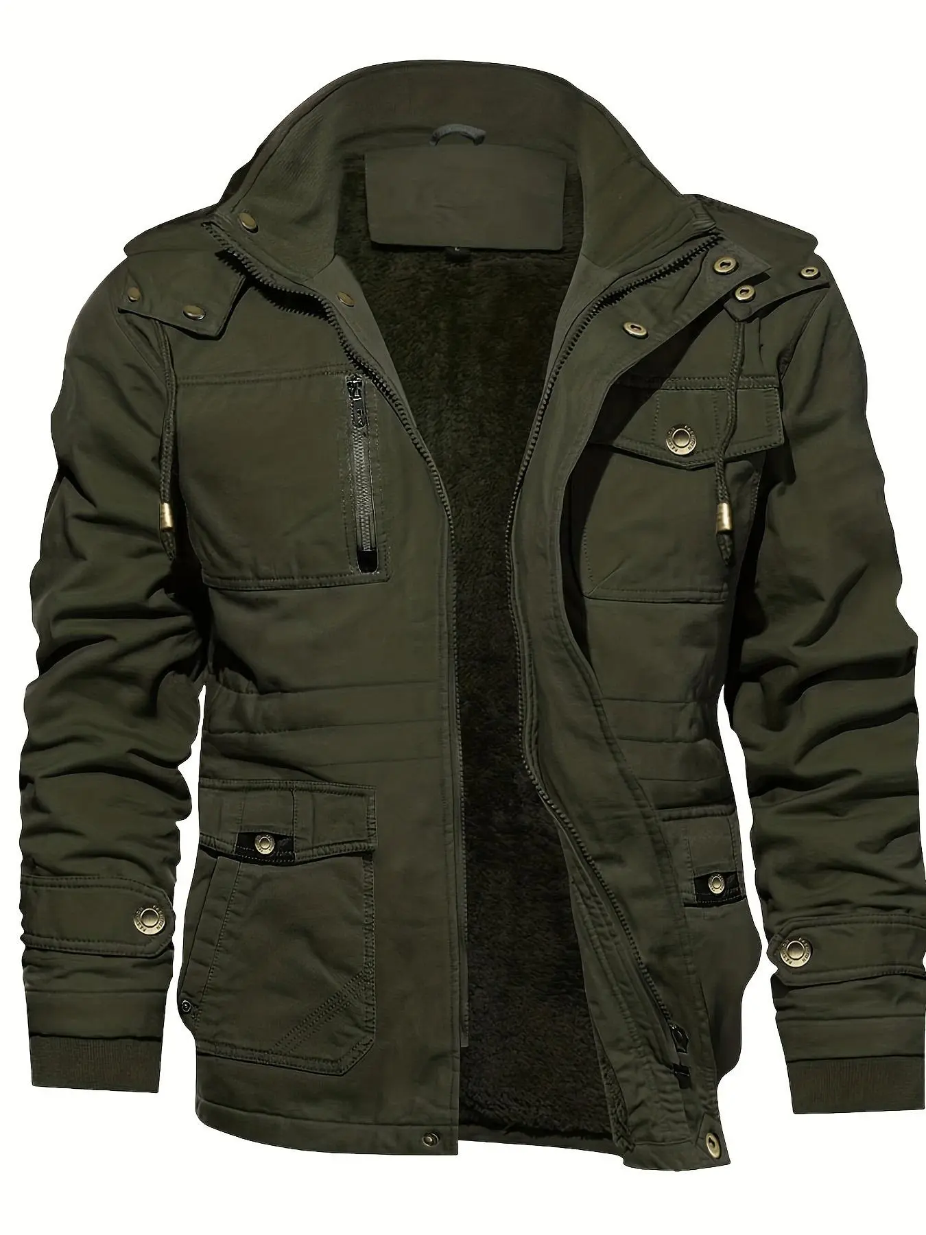 Men's Solid Pocket Zipper Detachable Hood Design Jacket Coat, Regular Fit Casual Long Sleeve Button Hooded Outerwear for Fall & Winter, Men's Clothes for Daily Wear, Workwear Jackets