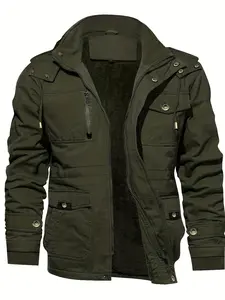 Men's Solid Pocket Zipper Detachable Hood Design Jacket Coat, Regular Fit Casual Long Sleeve Button Hooded Outerwear for Fall & Winter, Men's Clothes for Daily Wear, Workwear Jackets