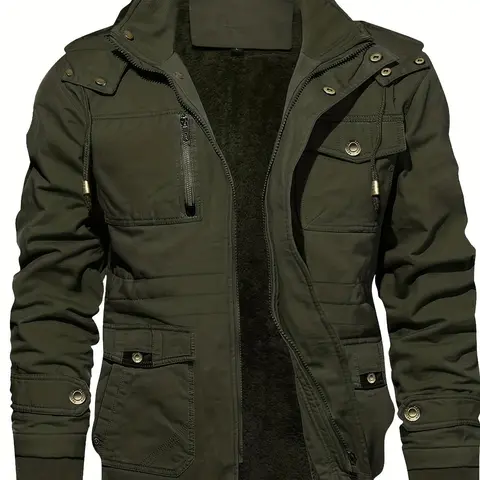 Men's Solid Pocket Zipper Detachable Hood Design Coat, Regular Fit Casual Long Sleeve Button Hooded Casual Street Outerwear for Fall & Winter, Men's Clothes for Daily Wear