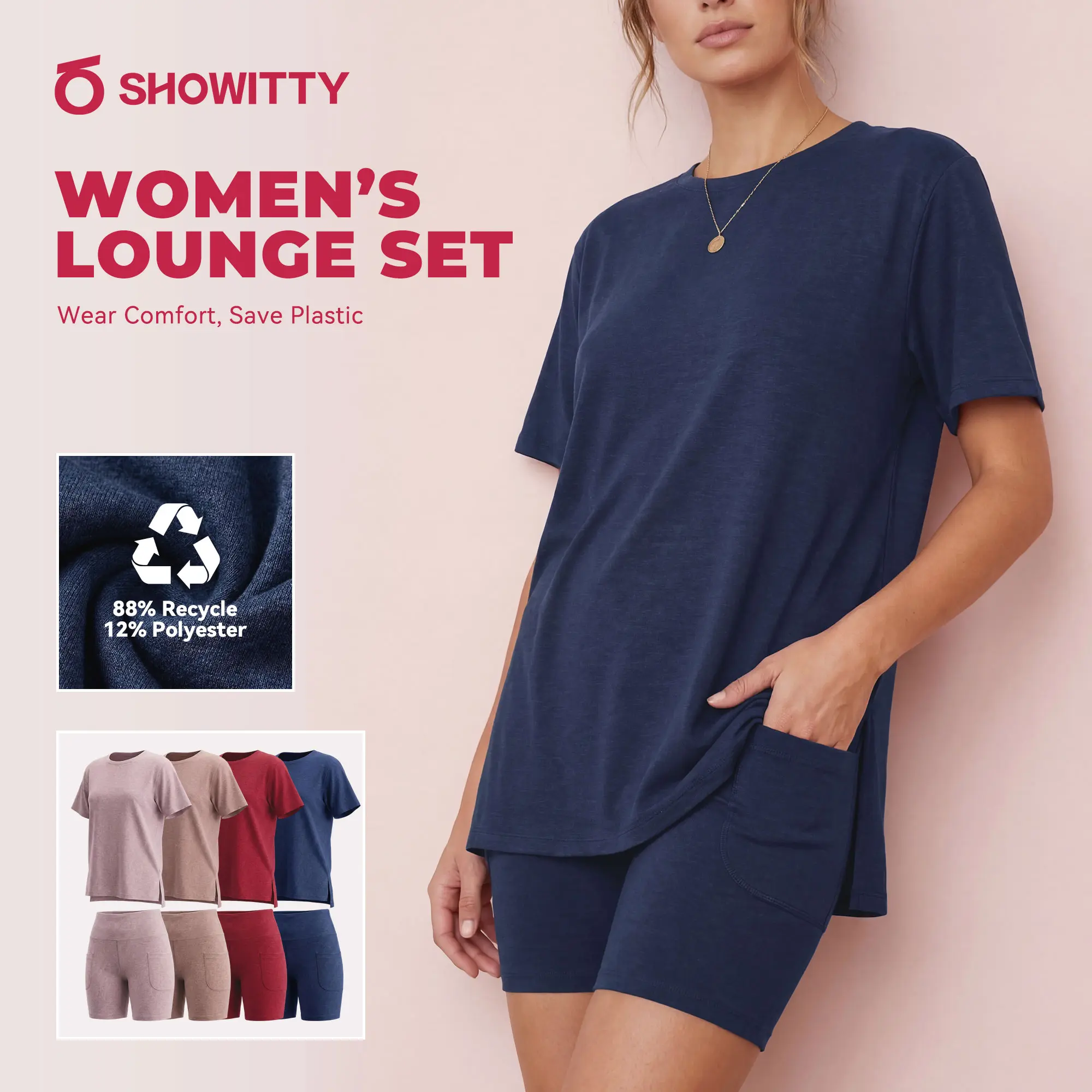 SHOWITTY Women's Matching 2-Piece Shortsleeve Lounge Set - Crew Neck Top, Shorts with Side Pockets, 88% Recycled Polyester Pajama Set for Nightwear & Casual Wear