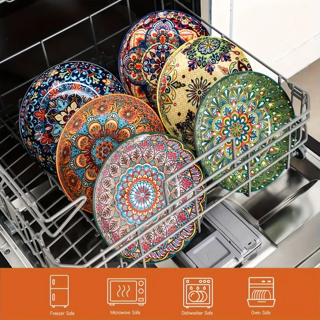 Bohemian Ceramic Deep Plate Set, 6-Piece, 8 Inch, Microwave Safe, Perfect for Main Course, Salad, Pasta, Beef, Halloween, Parties, Christmas, Plates for Party, Serving Plates, Tableware Set