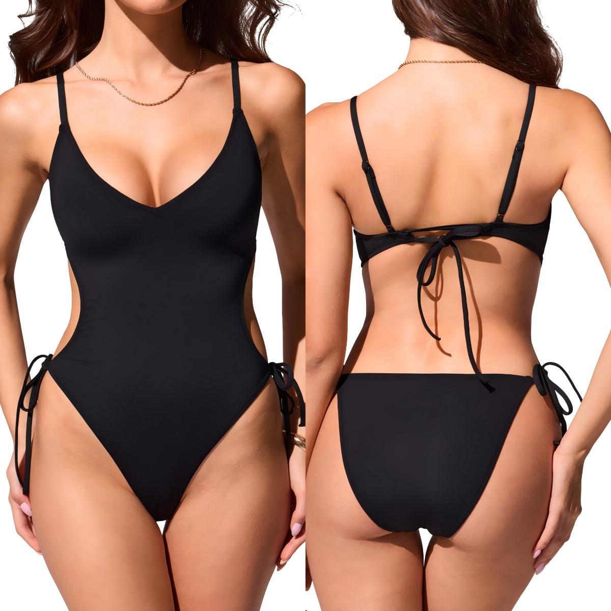 DOBREVA Women's One Piece Swimsuit Strappy Backless Bathing Suit V Neck Cutout Sexy Open Back Lined Adjustable Swimwear