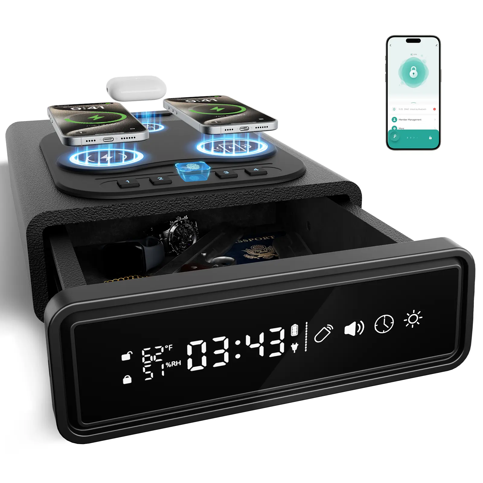 XDEER Smart Safe with Bluetooth App control, fingerprint & passcode biometric access, LED touchscreen, dual wireless charging, time & temperature display; a personal security safe for home and office to protect valuables.