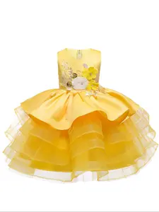 Girl's Floral Decor Contrast Mesh Dress, Sundress, Elegant Sleeveless V Neck Dress for Party Performance Wedding Guest, Kids Clothes for All Seasons