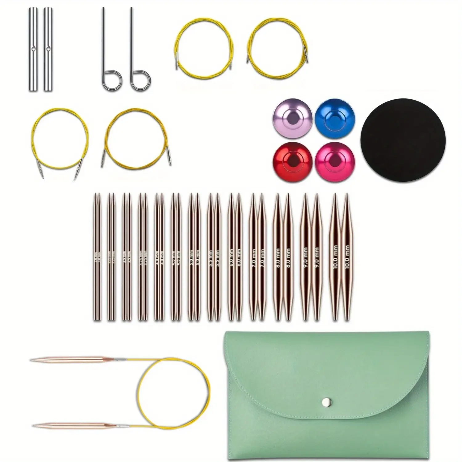 [Tools & Hardware] Multi-Size Interchangeable Circular Knitting Needles Full Kit, 1 Set with 13 Pairs Premium Aluminum Removable Needles (3-10mm), Couplers, Cable Keys, Ergonomic Handles, Leather Storage Pouch & Sewing Supplies for Knitting Projects