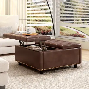 Large Faux Leather Storage Ottoman Coffee Table Oversized Tufted Upholstered Square Ottoman with Storage, Cocktail Footrest Stool Coffee Tables for Living Room (Brown Leather)