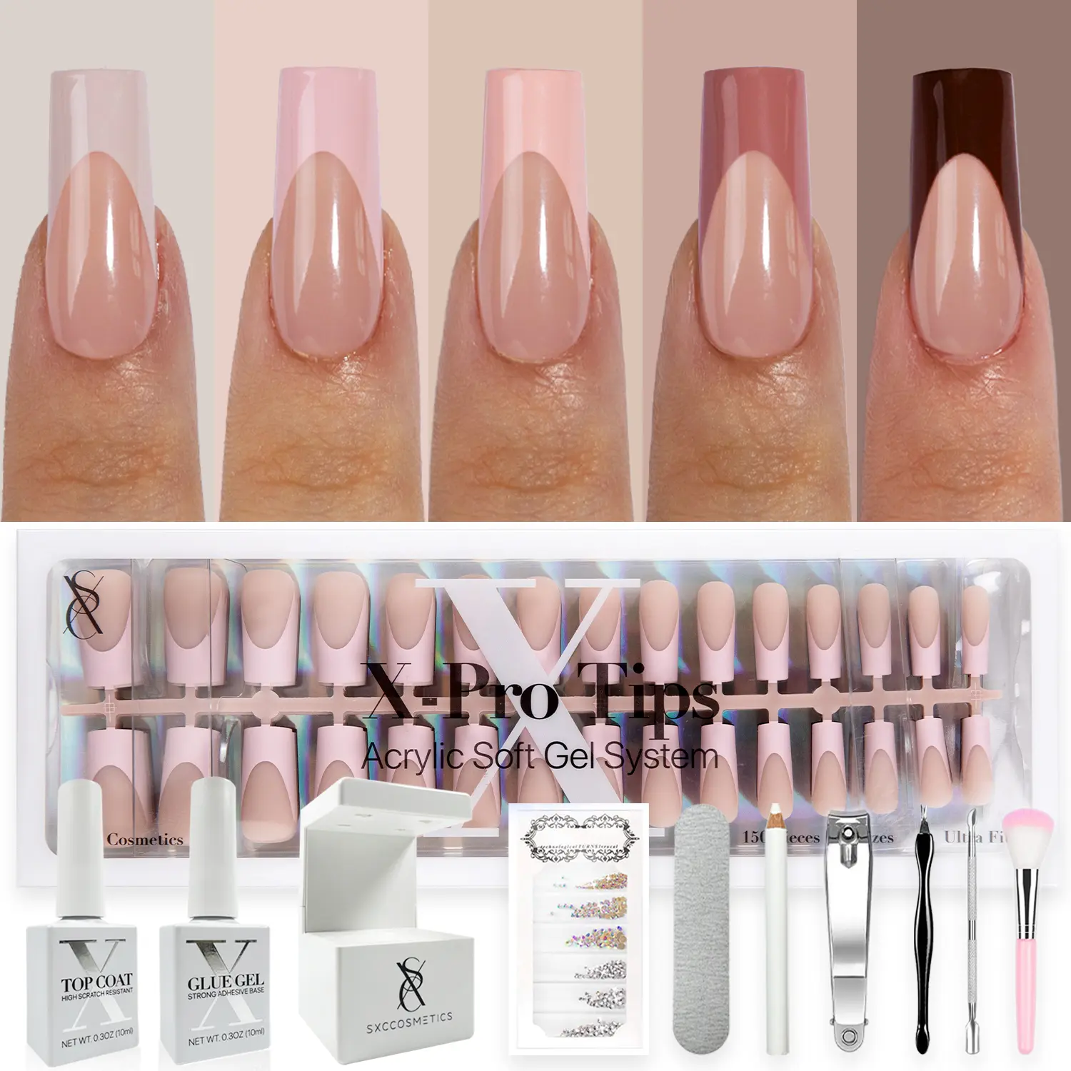 SXC Cosmetics X-Pro Tips French Tip Press On Nails, Skin Tone Series Starter Kit  for DIY Nail Art Nail Polish Polish Gel Extension Nailcare