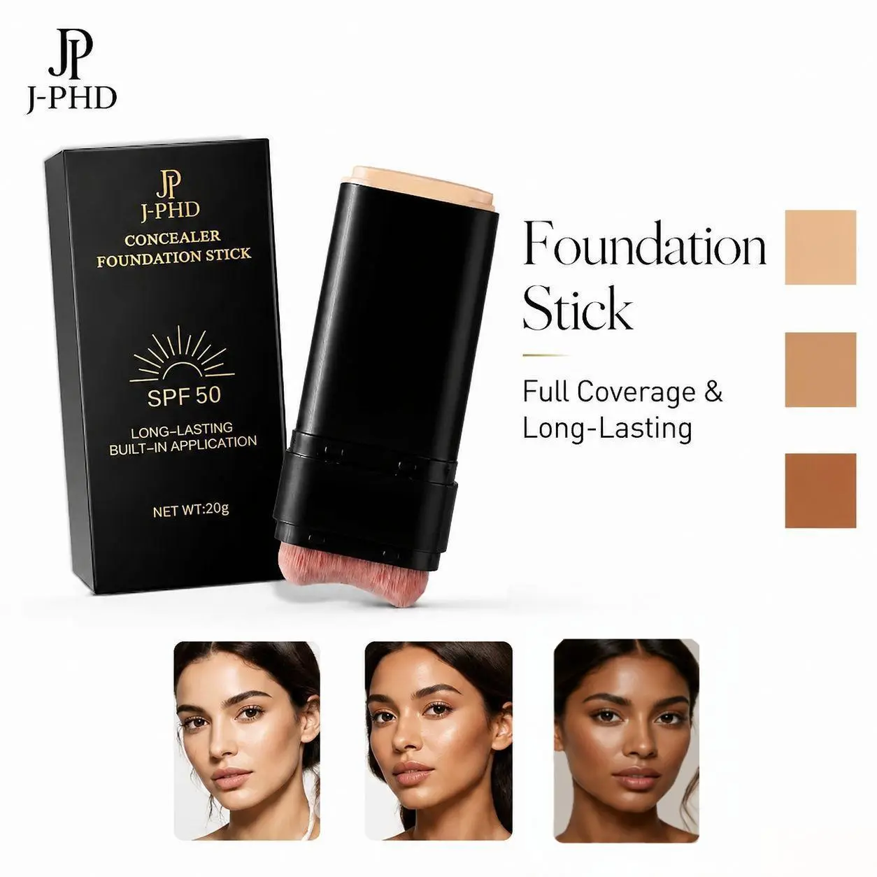 Foundation Stick, 2-in-1 Long-Lasting Foundation and Concealer with Brush, Full Coverage Foundation Makeup, Sunscreen Concealer Stick,  Matte Finish for Face