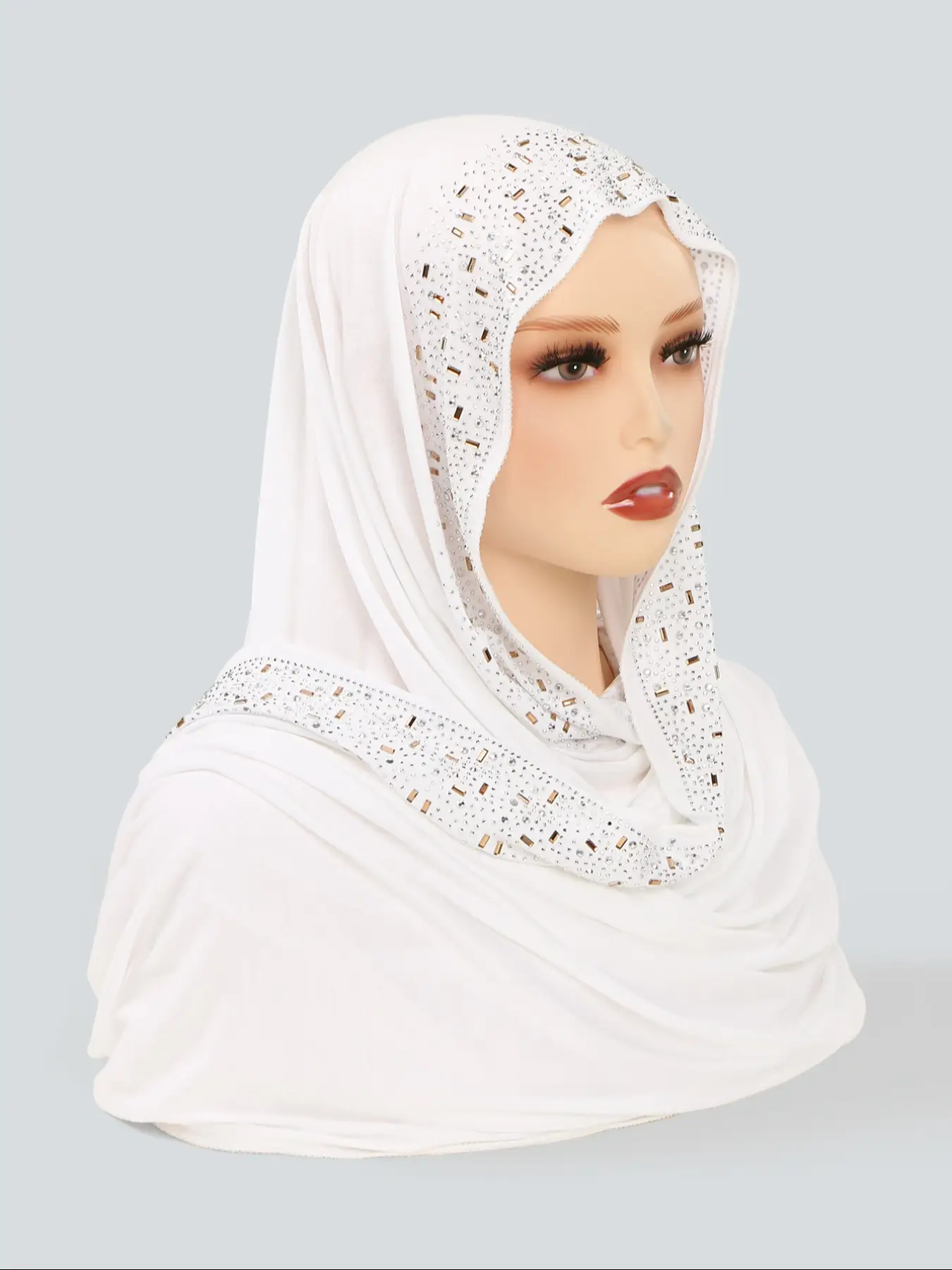 Luxury Solid Color Rhinestone Handmade Headscarf, Soft Comfortable Breathable Jersey Hijab, Elegant Women's Scarf Shawl for Daily Wear