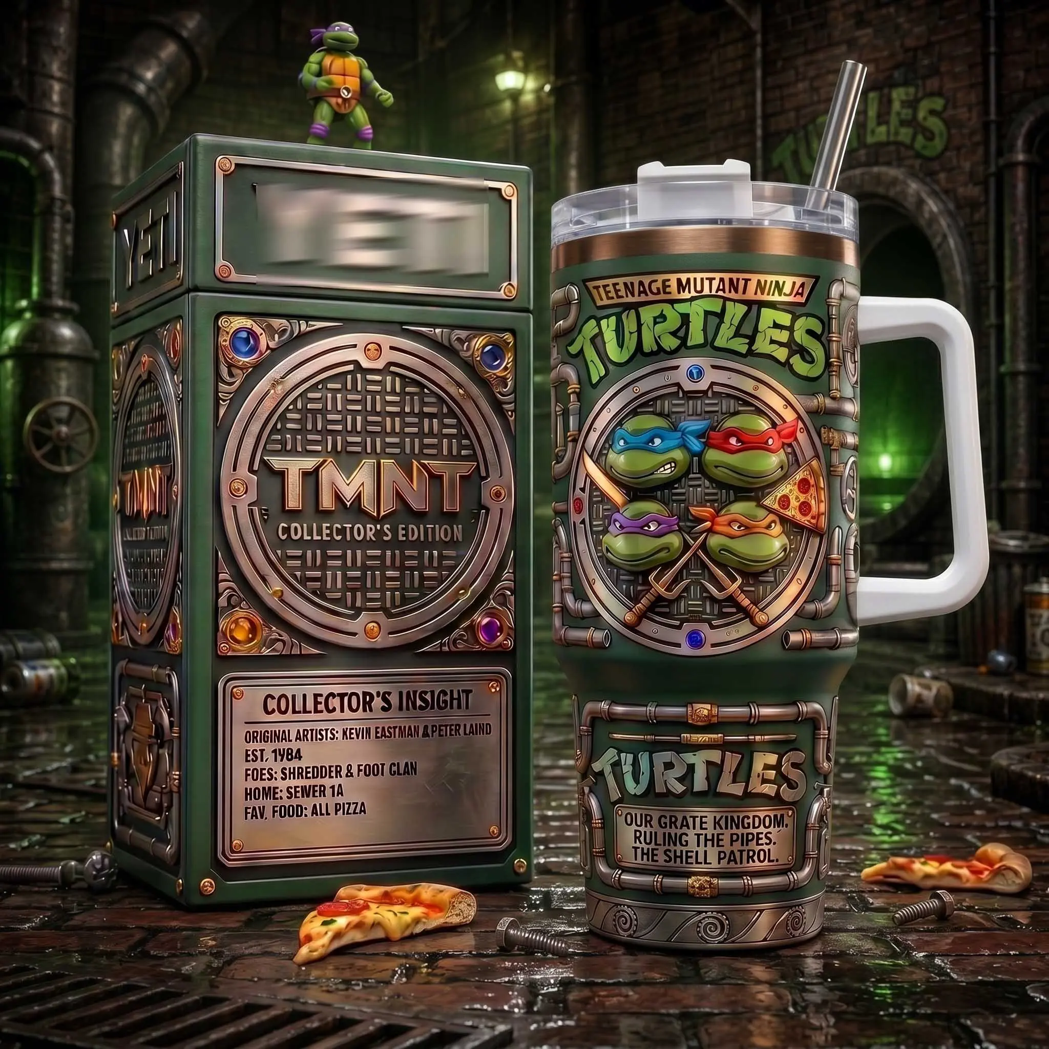 Teenage Mutant Ninja Turtles TMNT 40oz Tumbler With Handle & Straw, Leonardo Raphael Donatello Michelangelo Collector's Edition Cup, Retro Sewer Pizza Fan Gift, Double Wall Vacuum Insulated Stainless Steel Travel Mug for Hot & Cold Drinks