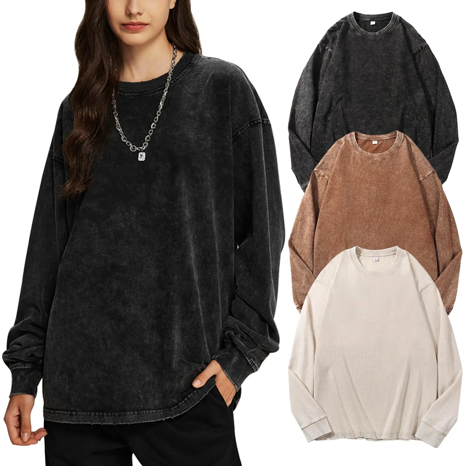 Yimoon 3 Pack Oversized T-Shirts for Women And Men Cotton Long Sleeve Vintage Acid Wash Baggy T Shirts Casual Comfy Tee