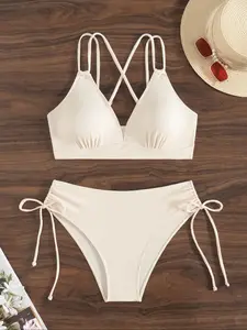 Women's Solid Textured Criss Cross Bikini Set, Casual V Neck Swim Top & High Waist Swim Bottom, Ladies Swimsuit for Beach Holiday Vacation, Criss Cross Swimsuits