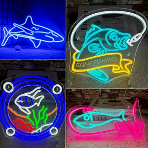 Fishing Neon LED Signs, Dimmable Fish Neon Light for Wall Decor, Shark Night Light Ideal for Fishing Gear Store Yacht Man Cave Living Room Boys Gifts Home Decorations