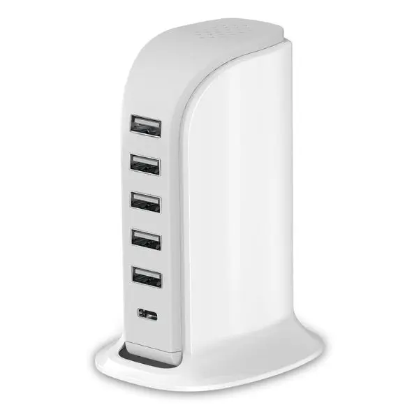 40W 5-Port USB Charging Station Hub with Type-C Port for iPhone, iPad, Tablets, Smartphones - Multi-Device Charger Tower for Home and Office Use