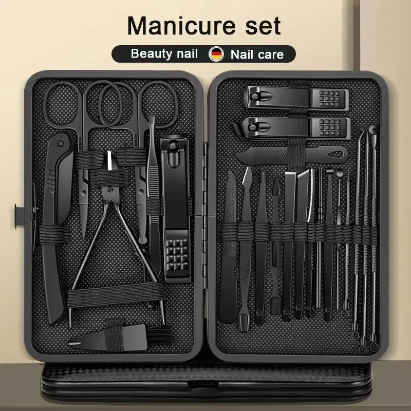 Stainless Steel Portable Nail Clipper & Beauty Tool Set - Professional Manicure/Pedicure Kit for Home Use, Lightweight Travel Nail Care Set (8/12/15/20/24 Pcs, Black) - Ideal Gift