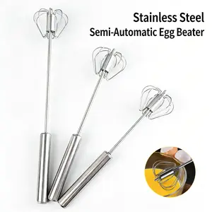 Stainless Steel Semi-Automatic Egg Beater, Hand-Push Rotary Whisk, No-Electric Manual Mixer for Eggs, Milk, Cream, and Baking