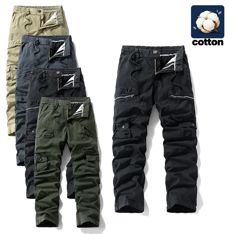 Veiskor Mens Plain Trouser - 1 Pack Soft Cotton Straight Leg Cargo Pants, Multi-Zipper Side Pockets, Elastic Waistband, Durable Menswear for Work Hiking, Breathable All-Season Fitted Cut Outdoor Pants